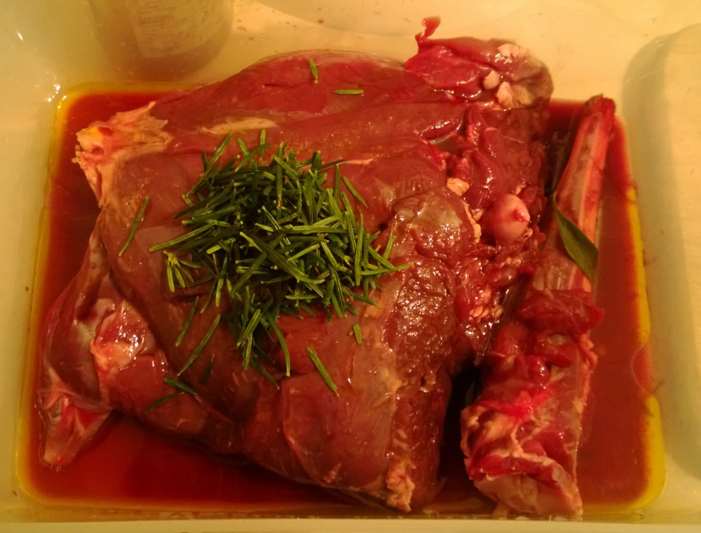 Roe deer haunch with pontack and doulas fir, prior to cremation.