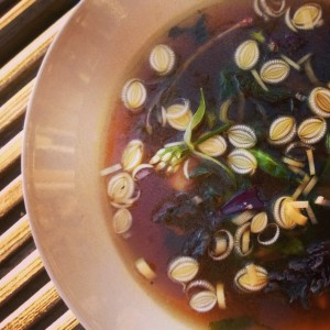 Foraged dashi broth with reedmace and spoot clams
